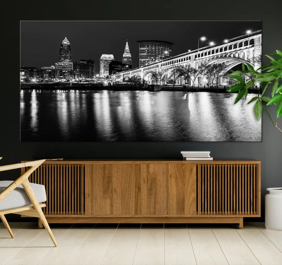 Black and White Cleveland Night Skyline Wall Art Cityscape Canvas Print