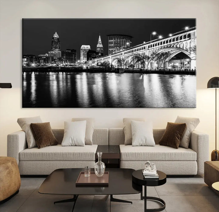 Black and White Cleveland Night Skyline Wall Art Cityscape Canvas Print