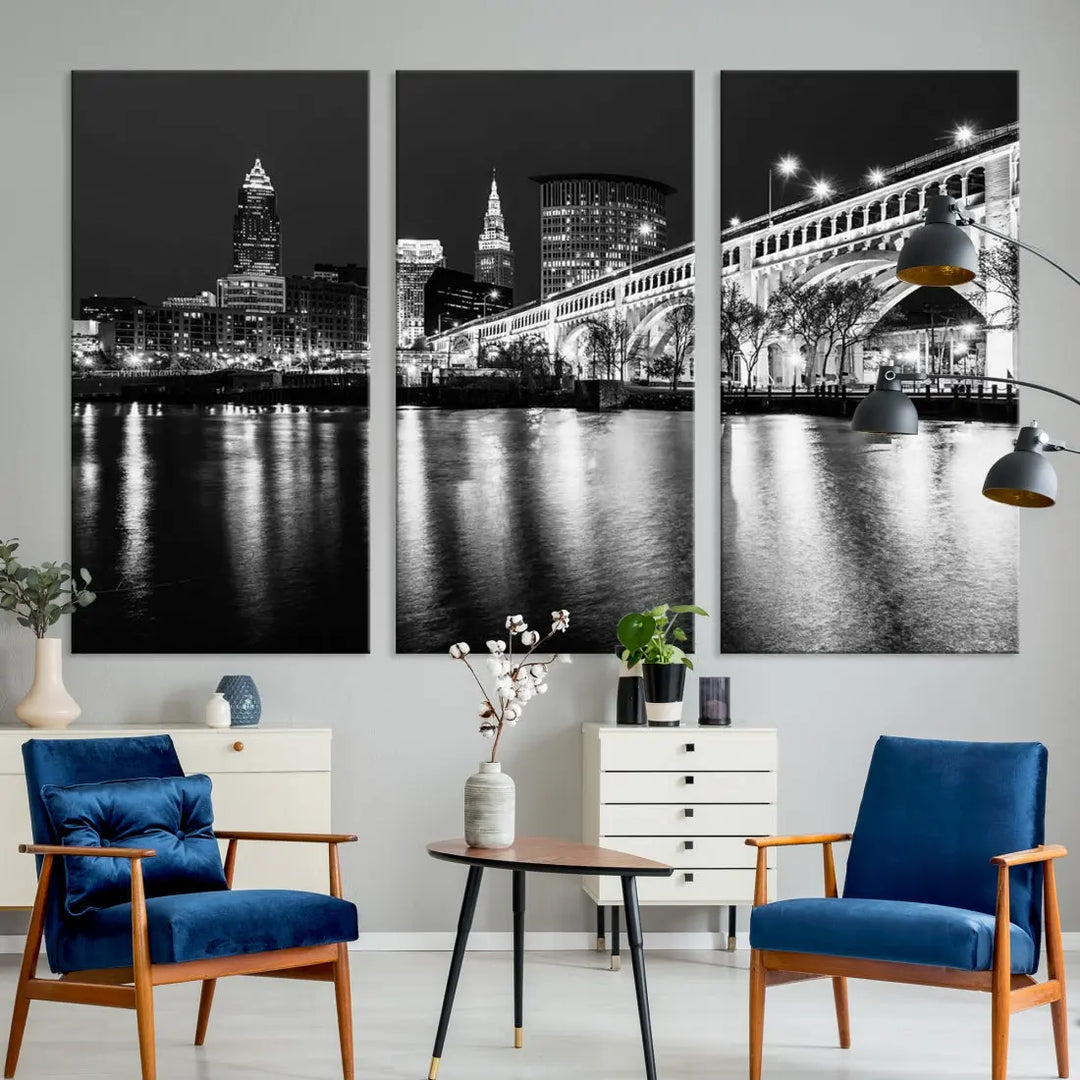 Black and White Cleveland Night Skyline Wall Art Cityscape Canvas Print