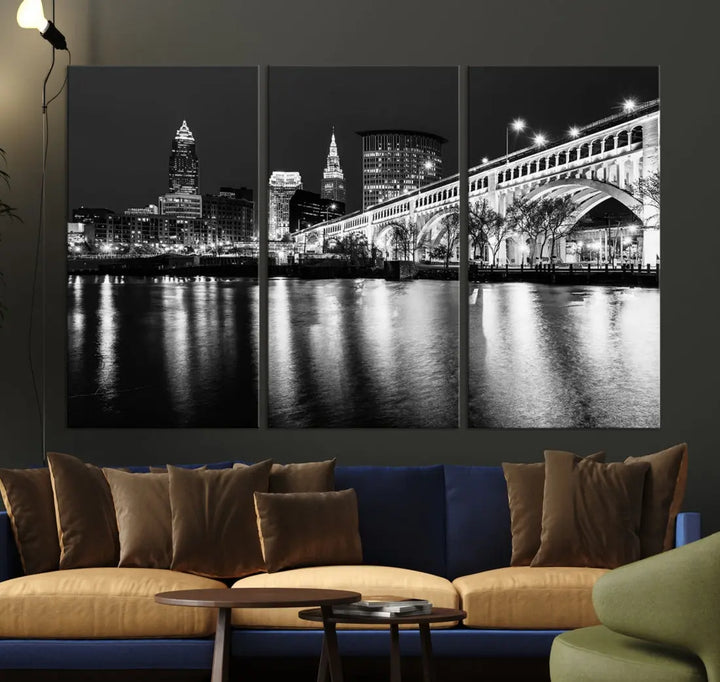 Black and White Cleveland Night Skyline Wall Art Cityscape Canvas Print