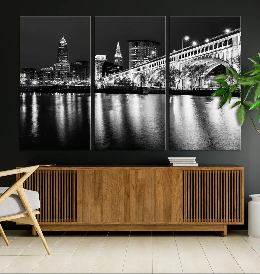 Black and White Cleveland Night Skyline Wall Art Cityscape Canvas Print