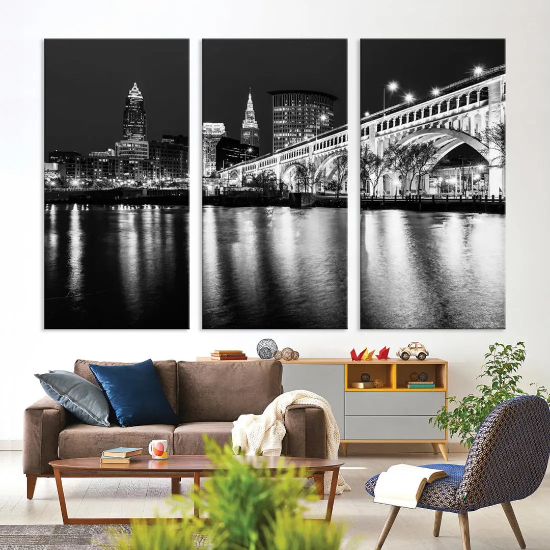 Black and White Cleveland Night Skyline Wall Art Cityscape Canvas Print