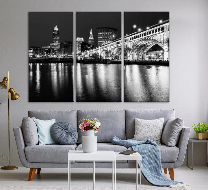 Black and White Cleveland Night Skyline Wall Art Cityscape Canvas Print