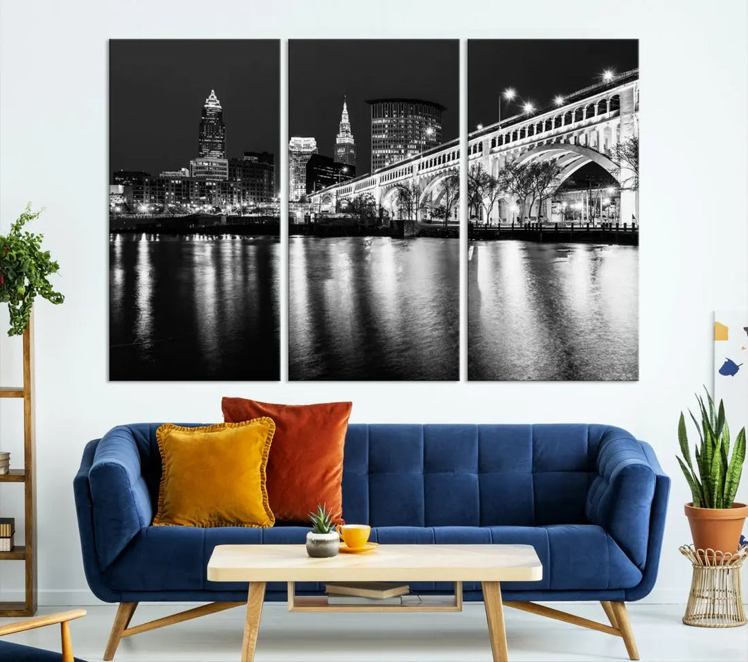 Black and White Cleveland Night Skyline Wall Art Cityscape Canvas Print