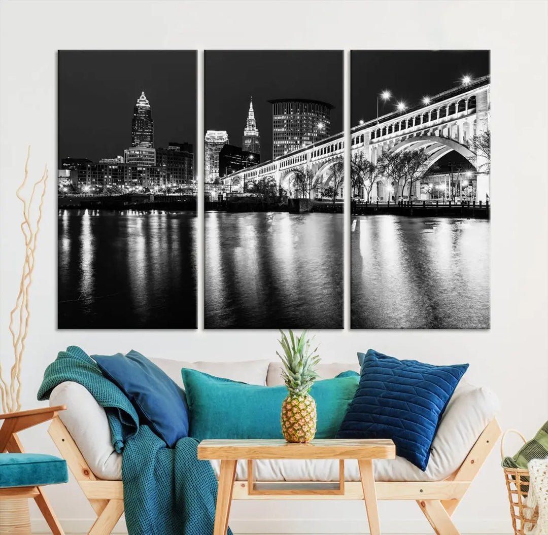 Black and White Cleveland Night Skyline Wall Art Cityscape Canvas Print