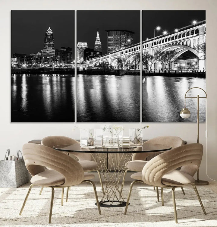 Black and White Cleveland Night Skyline Wall Art Cityscape Canvas Print