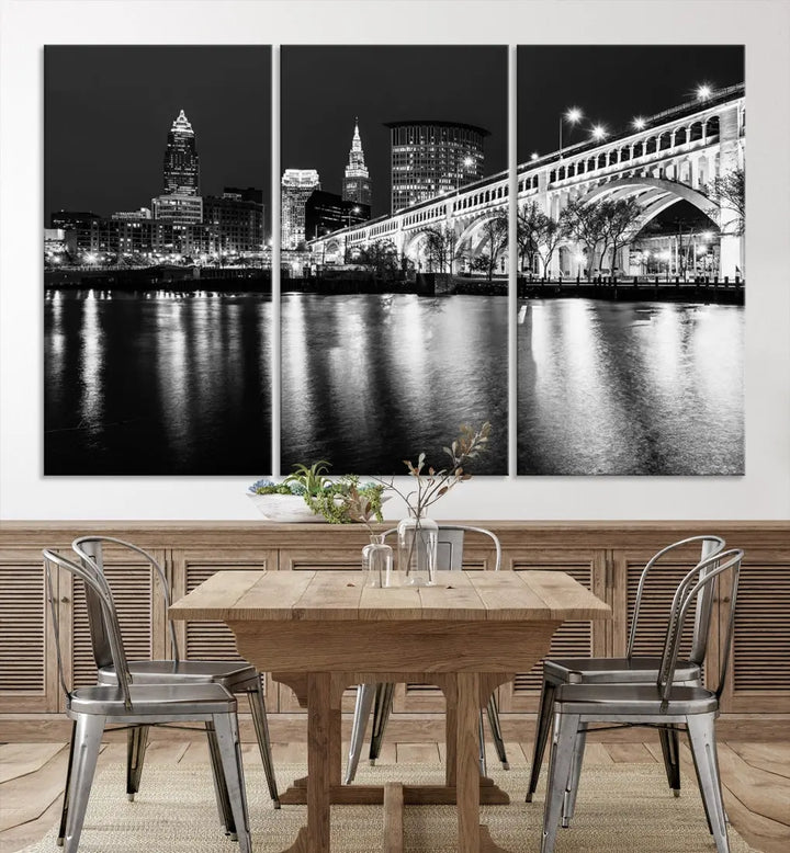 Black and White Cleveland Night Skyline Wall Art Cityscape Canvas Print