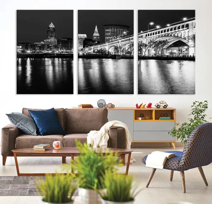 Black and White Cleveland Night Skyline Wall Art Cityscape Canvas Print