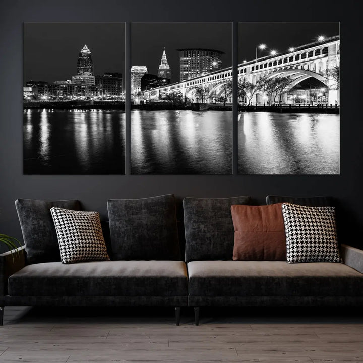 Black and White Cleveland Night Skyline Wall Art Cityscape Canvas Print