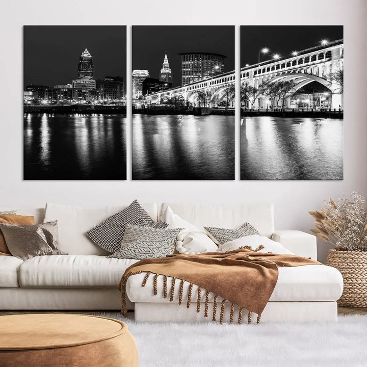 Black and White Cleveland Night Skyline Wall Art Cityscape Canvas Print