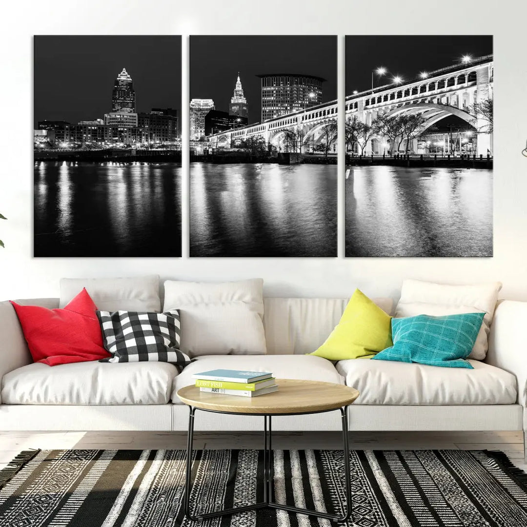 Black and White Cleveland Night Skyline Wall Art Cityscape Canvas Print