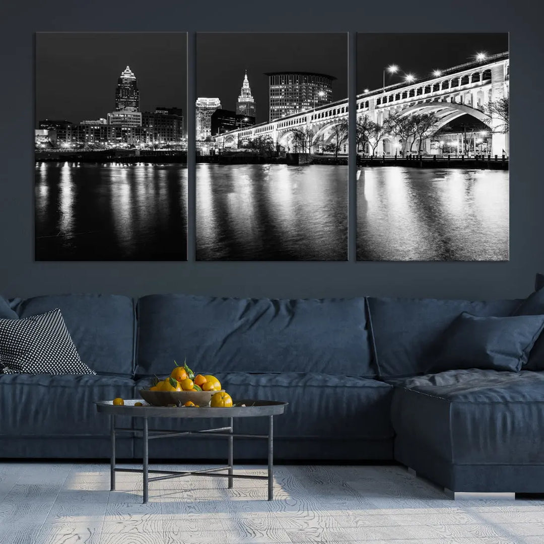 Black and White Cleveland Night Skyline Wall Art Cityscape Canvas Print