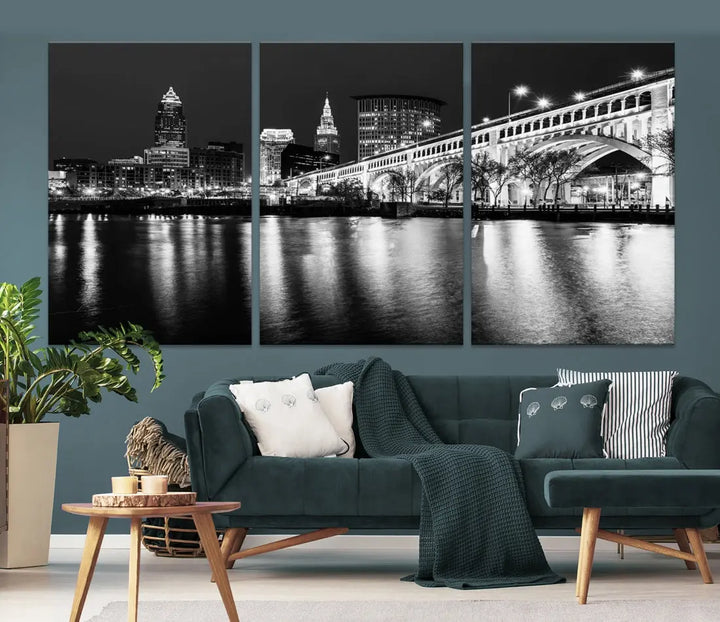 Black and White Cleveland Night Skyline Wall Art Cityscape Canvas Print