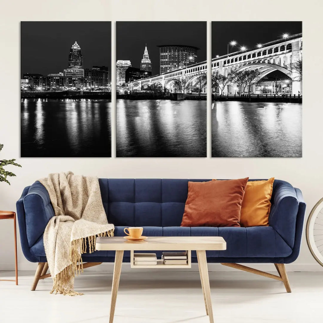 Black and White Cleveland Night Skyline Wall Art Cityscape Canvas Print