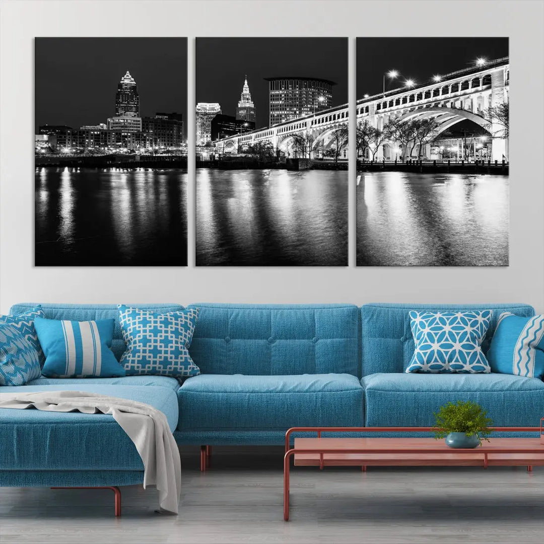 Black and White Cleveland Night Skyline Wall Art Cityscape Canvas Print