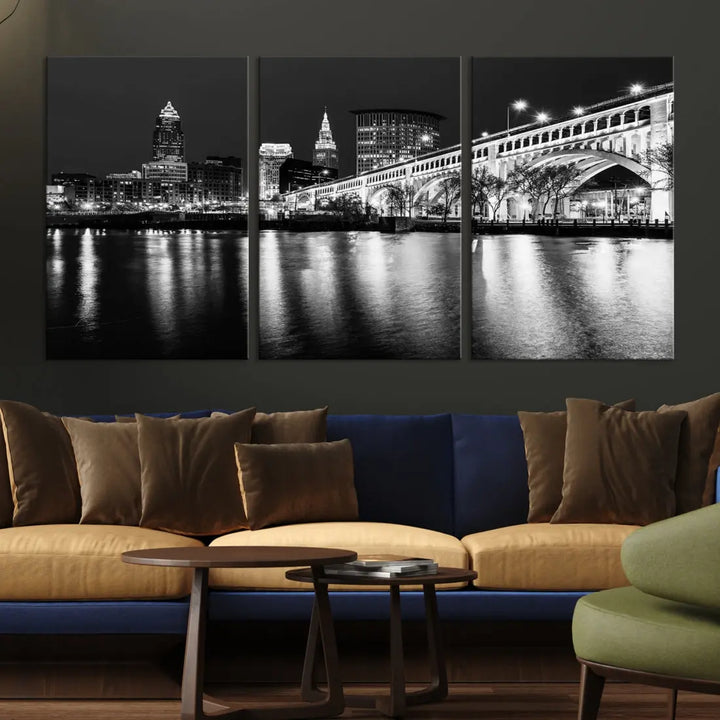 Black and White Cleveland Night Skyline Wall Art Cityscape Canvas Print