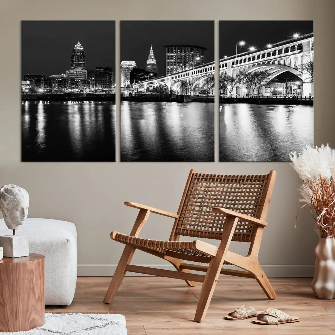 Black and White Cleveland Night Skyline Wall Art Cityscape Canvas Print