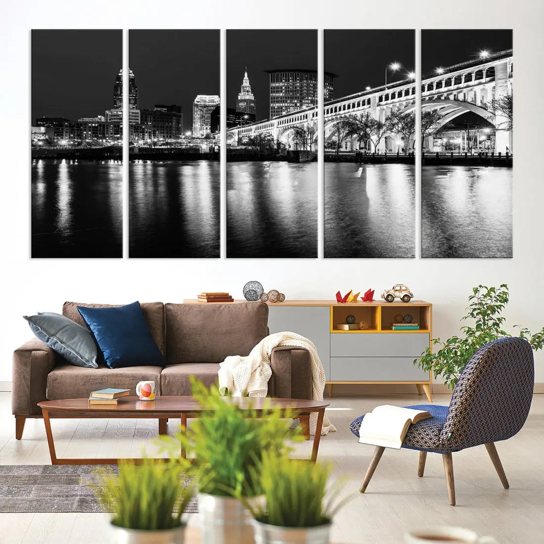 Black and White Cleveland Night Skyline Wall Art Cityscape Canvas Print