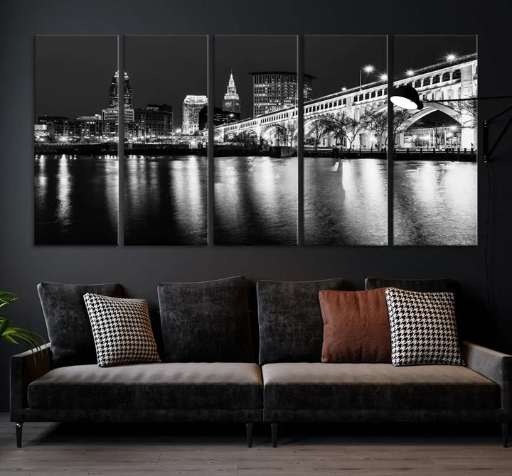 Black and White Cleveland Night Skyline Wall Art Cityscape Canvas Print