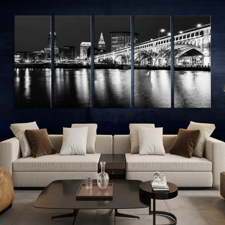 Black and White Cleveland Night Skyline Wall Art Cityscape Canvas Print