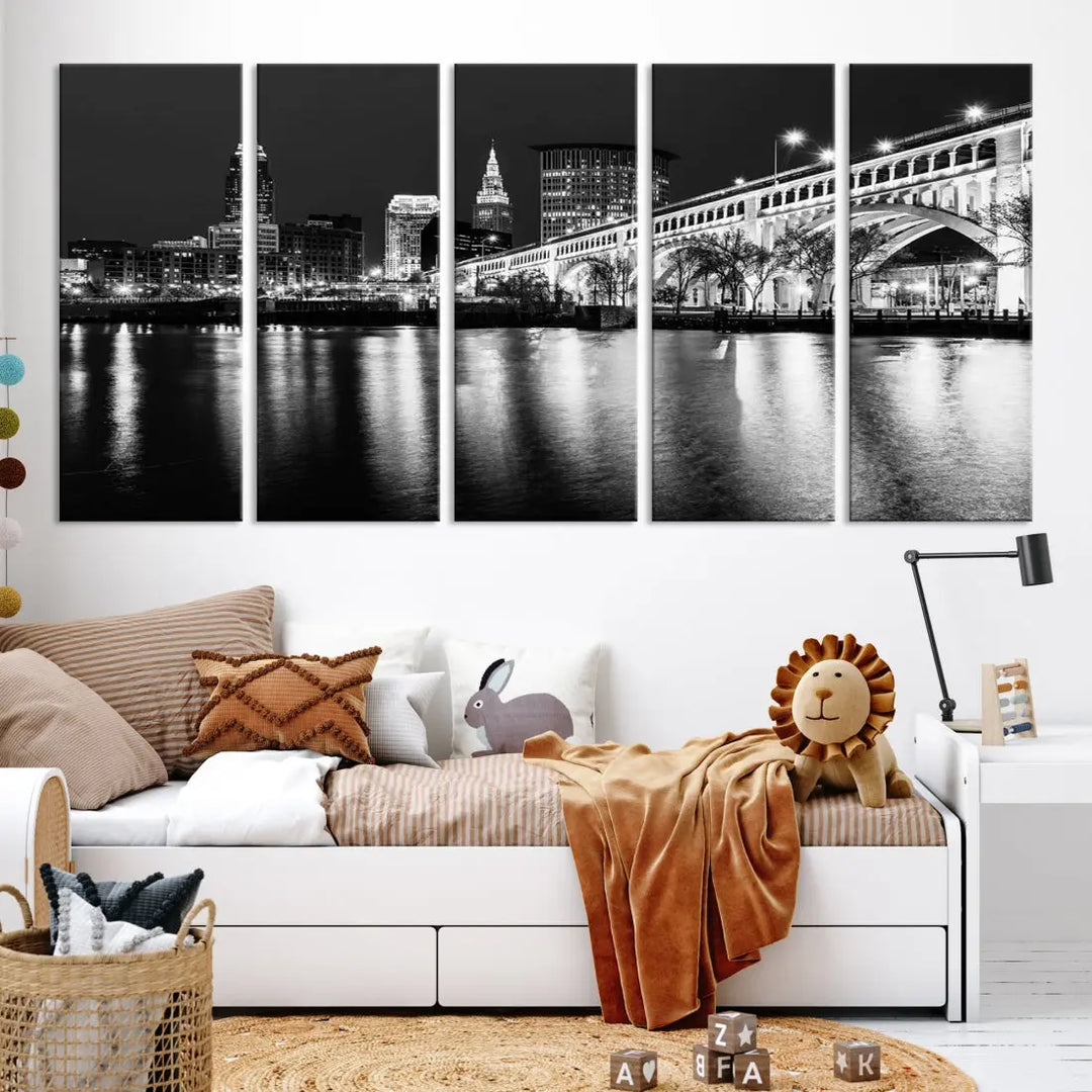 Black and White Cleveland Night Skyline Wall Art Cityscape Canvas Print