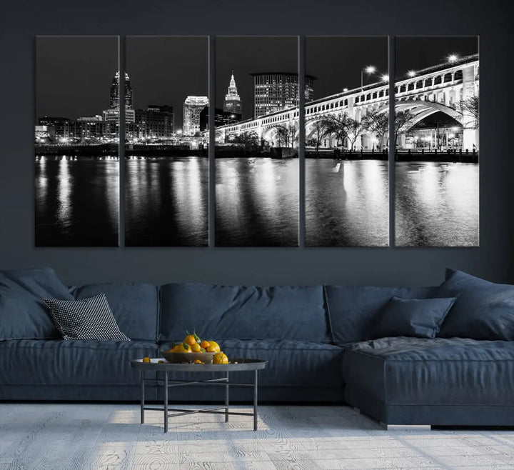 Black and White Cleveland Night Skyline Wall Art Cityscape Canvas Print