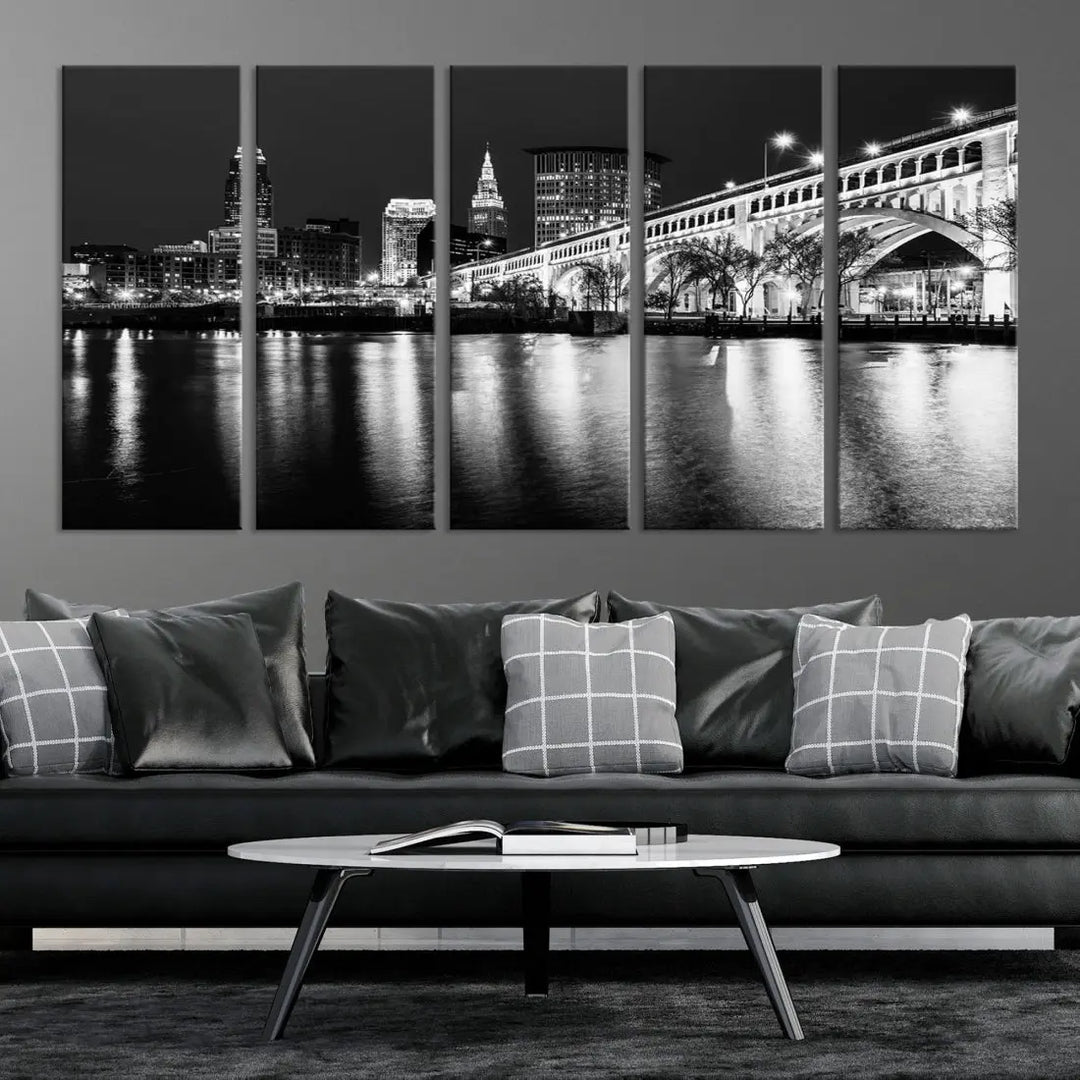 Black and White Cleveland Night Skyline Wall Art Cityscape Canvas Print