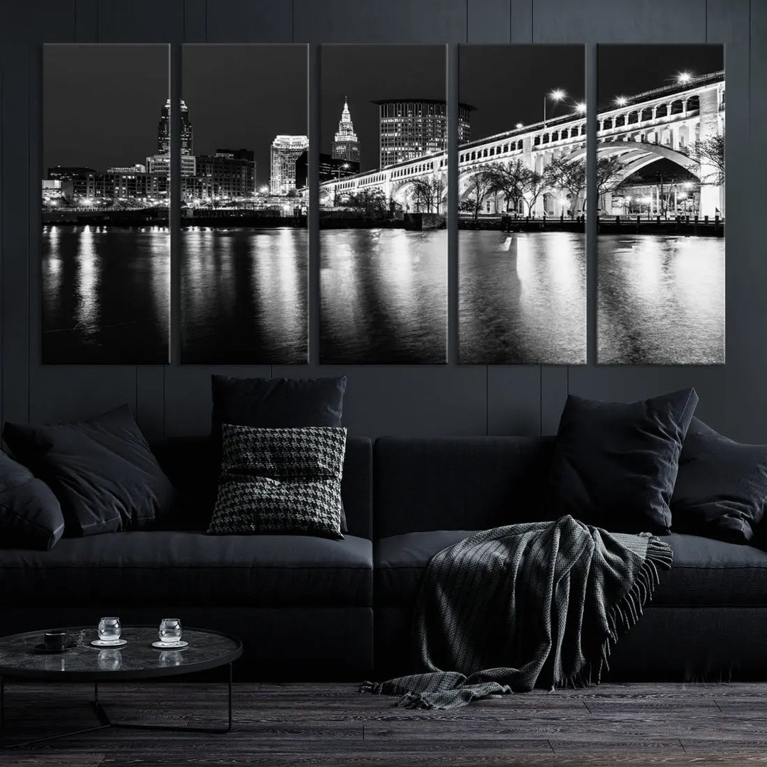 Black and White Cleveland Night Skyline Wall Art Cityscape Canvas Print