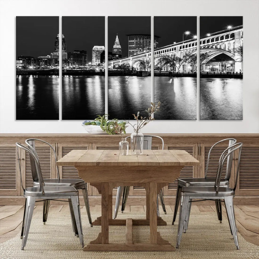 Black and White Cleveland Night Skyline Wall Art Cityscape Canvas Print