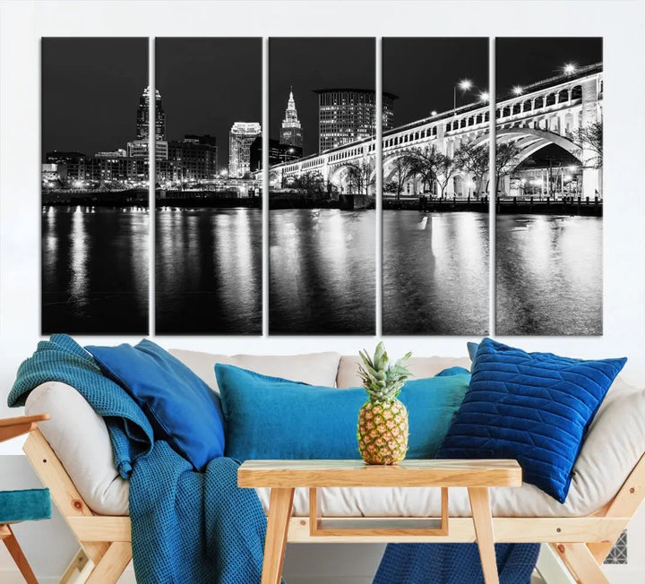 Black and White Cleveland Night Skyline Wall Art Cityscape Canvas Print