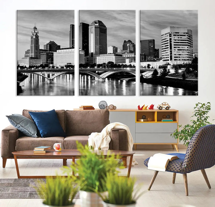 Black and White Columbus City Wall Art Skyline Cityscape Canvas Print