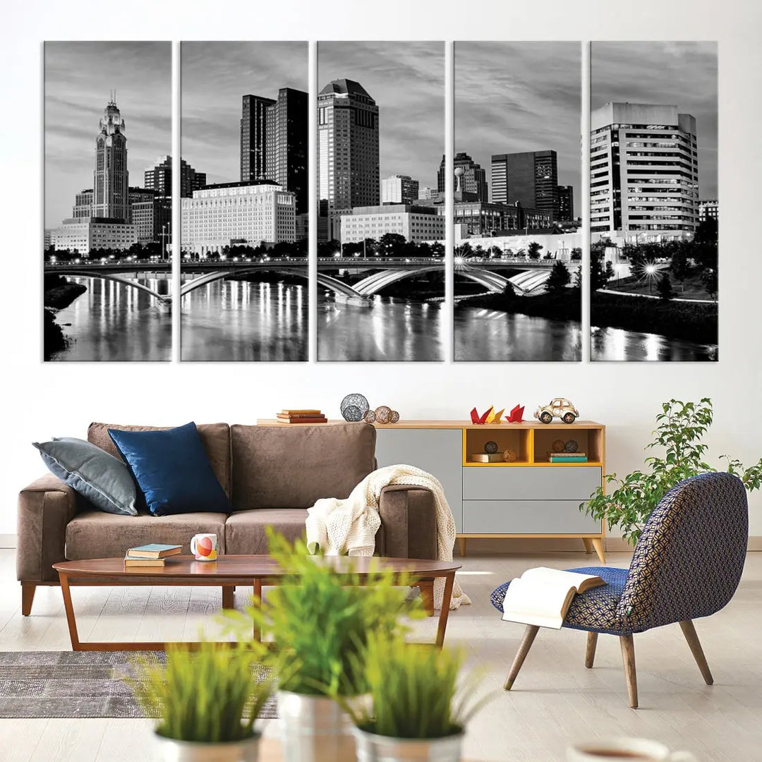 Black and White Columbus City Wall Art Skyline Cityscape Canvas Print