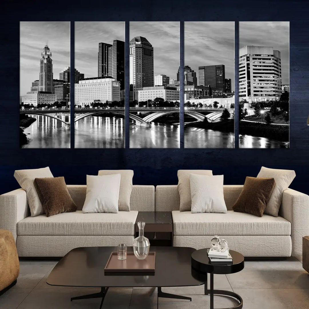 Black and White Columbus City Wall Art Skyline Cityscape Canvas Print