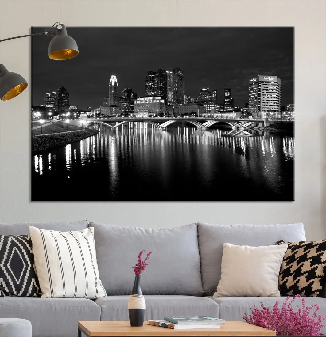 Black and White Columbus Cityscape Canvas Print Large Skyline Wall Art