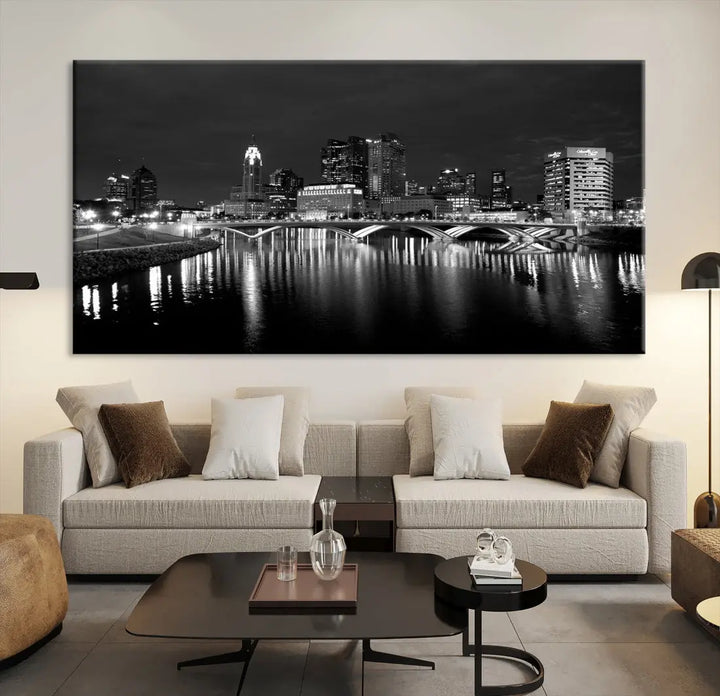 Black and White Columbus Cityscape Canvas Print Large Skyline Wall Art