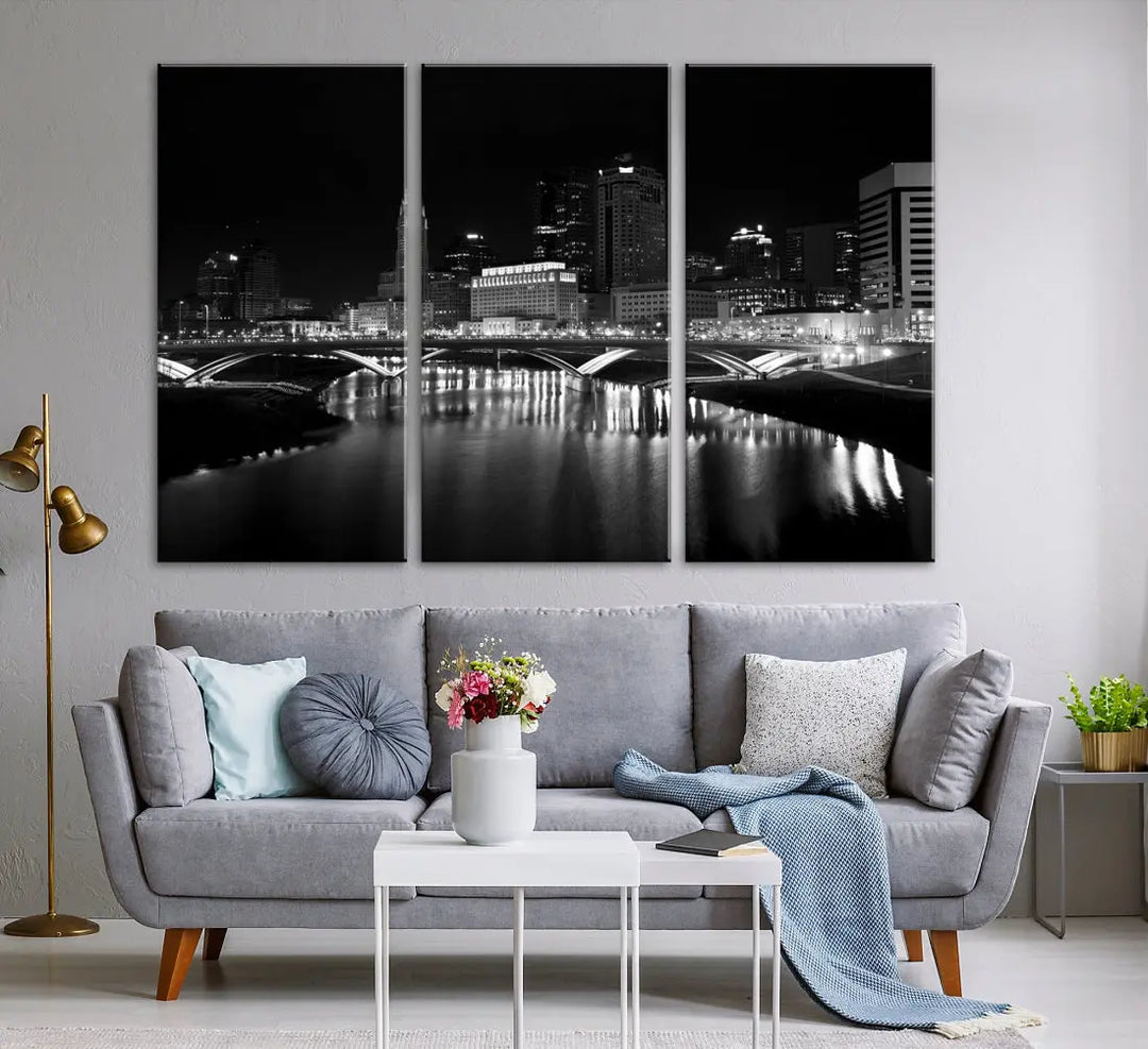 Black and White Columbus Skyline Canvas Art Print Modern Cityscape Wall Art