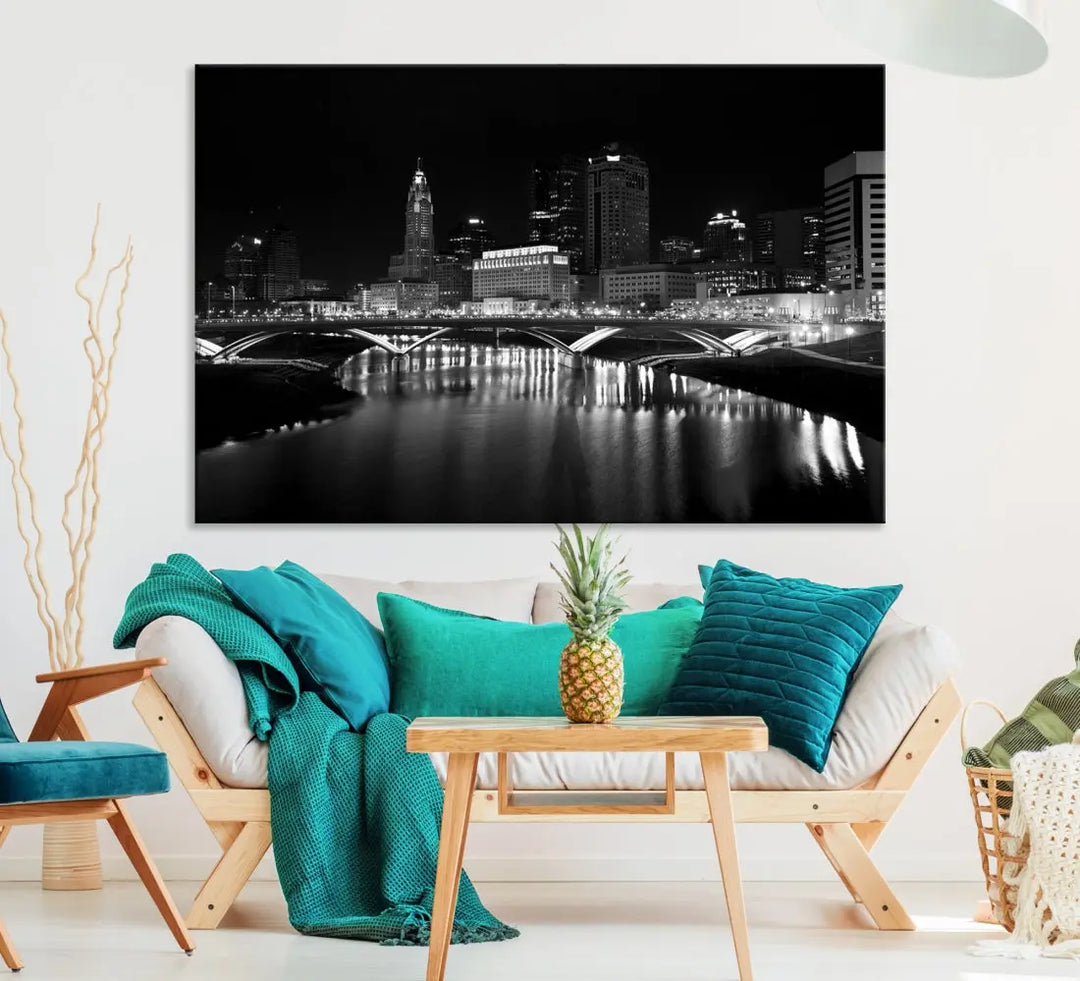 Black and White Columbus Skyline Canvas Art Print Modern Cityscape Wall Art