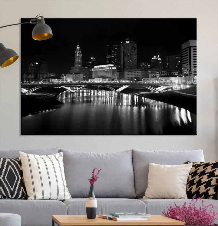 Black and White Columbus Skyline Canvas Art Print Modern Cityscape Wall Art