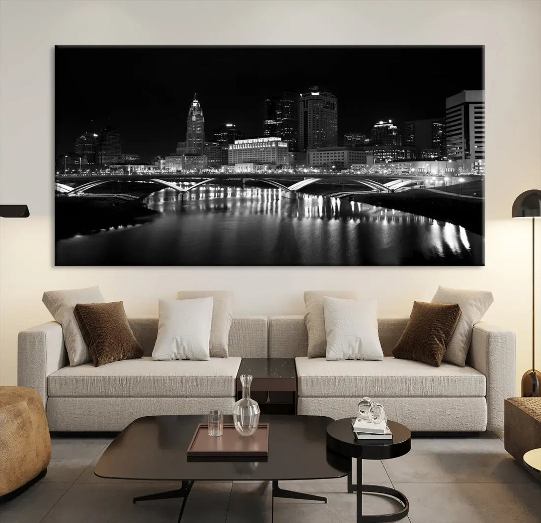 Black and White Columbus Skyline Canvas Art Print Modern Cityscape Wall Art