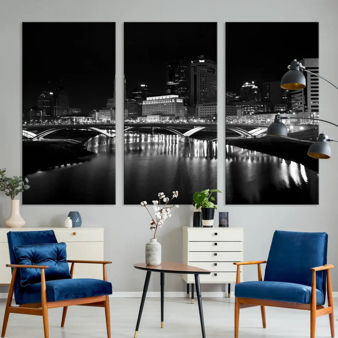 Black and White Columbus Skyline Canvas Art Print Modern Cityscape Wall Art