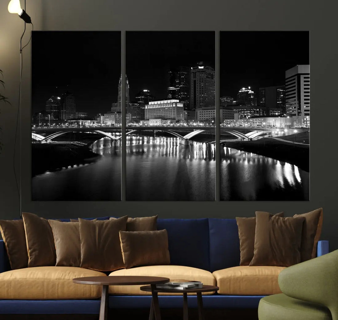 Black and White Columbus Skyline Canvas Art Print Modern Cityscape Wall Art