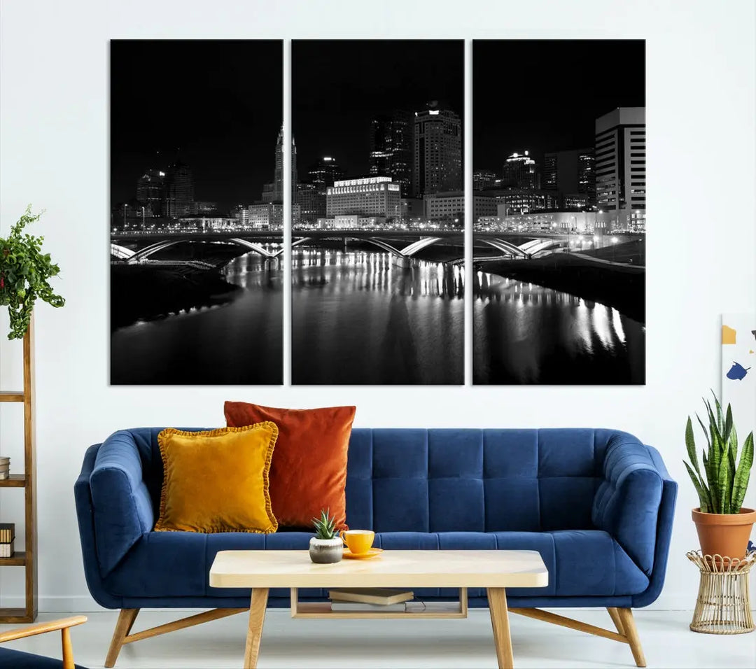 Black and White Columbus Skyline Canvas Art Print Modern Cityscape Wall Art