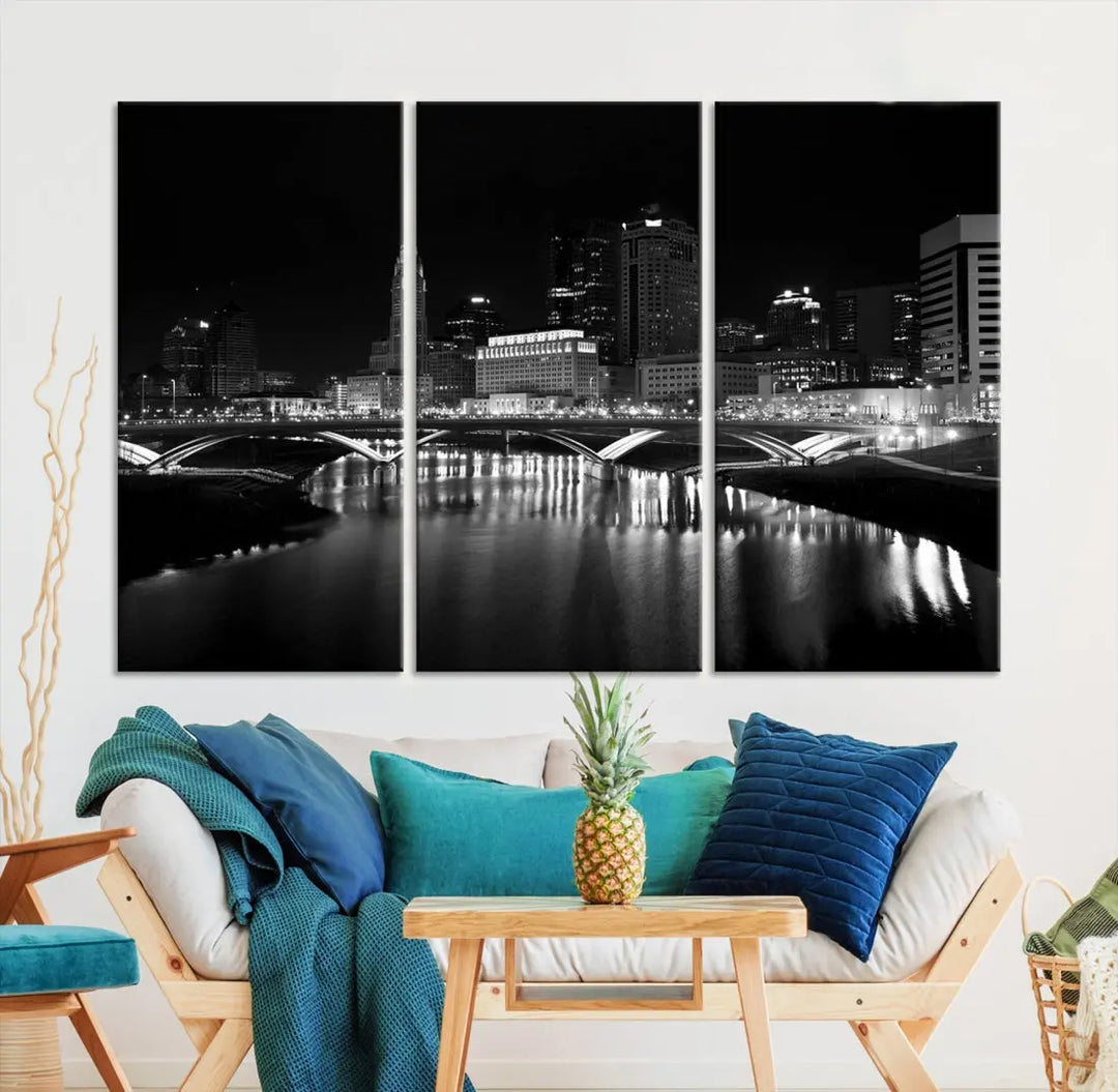 Black and White Columbus Skyline Canvas Art Print Modern Cityscape Wall Art