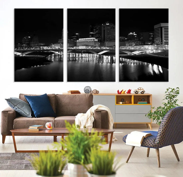 Black and White Columbus Skyline Canvas Art Print Modern Cityscape Wall Art