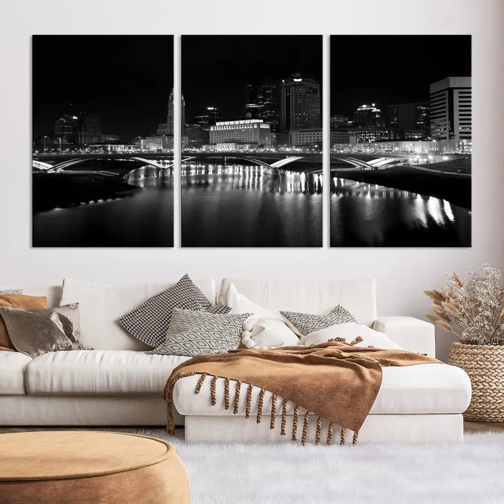 Black and White Columbus Skyline Canvas Art Print Modern Cityscape Wall Art