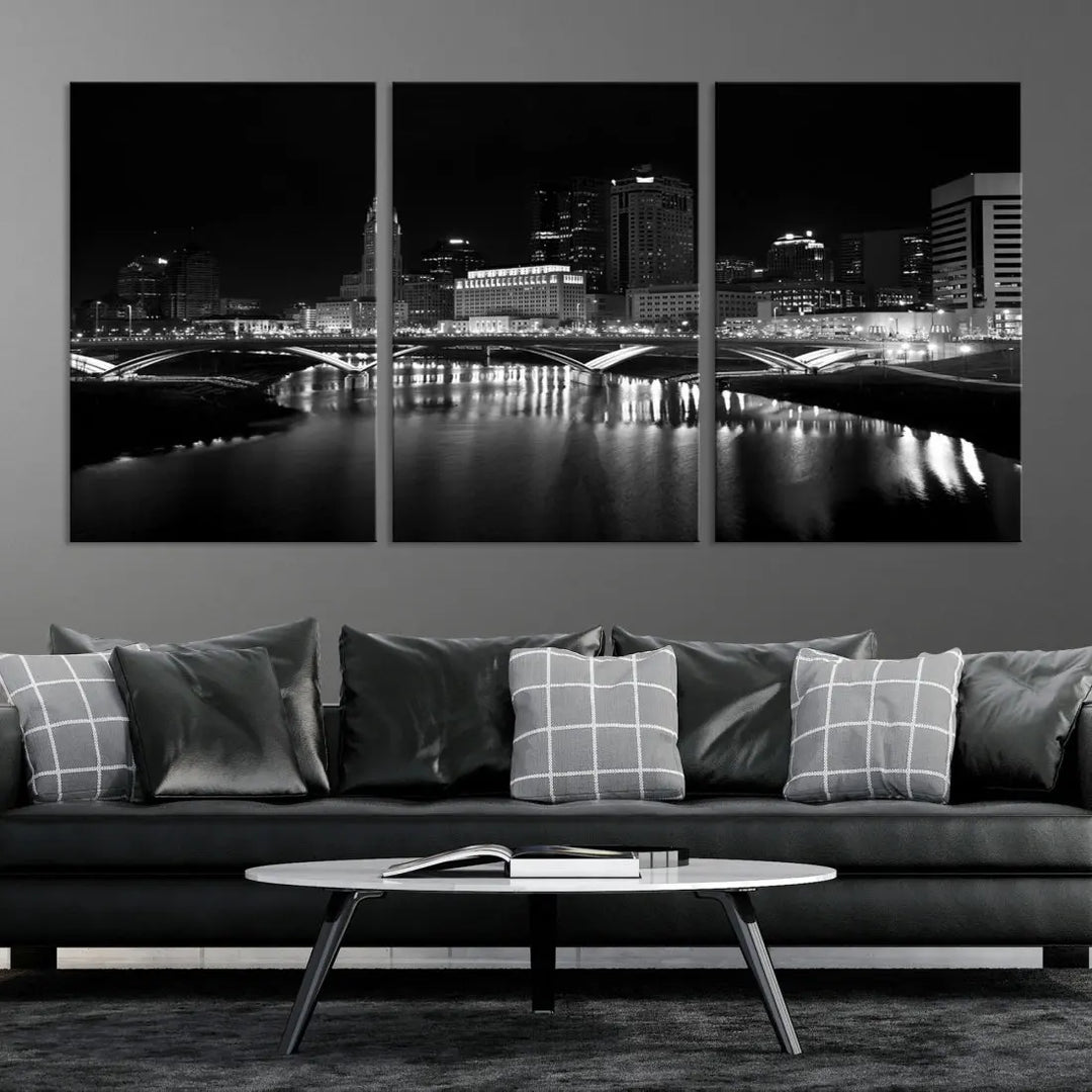 Black and White Columbus Skyline Canvas Art Print Modern Cityscape Wall Art