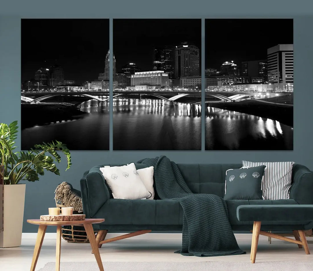 Black and White Columbus Skyline Canvas Art Print Modern Cityscape Wall Art