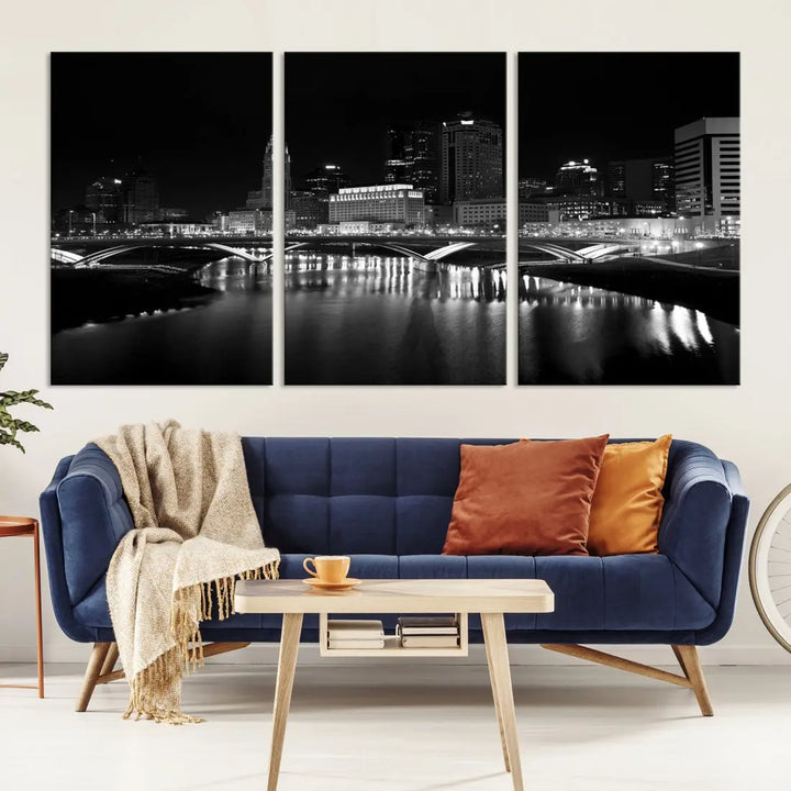 Black and White Columbus Skyline Canvas Art Print Modern Cityscape Wall Art