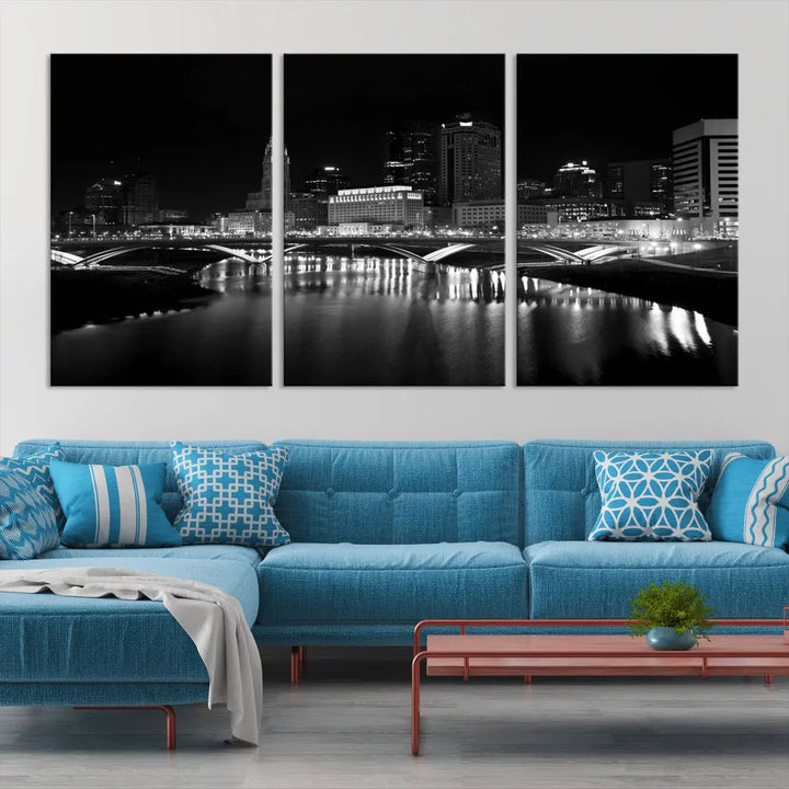 Black and White Columbus Skyline Canvas Art Print Modern Cityscape Wall Art