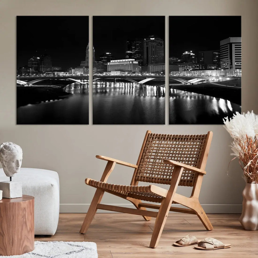 Black and White Columbus Skyline Canvas Art Print Modern Cityscape Wall Art